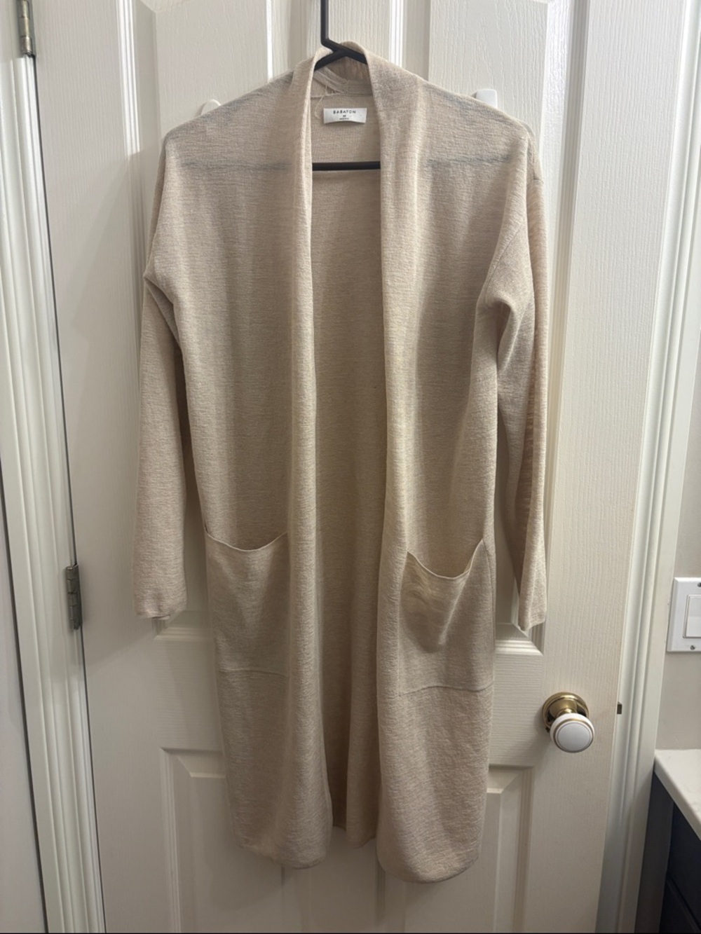 Babaton Beige Open-Front Long Knit Cardigan